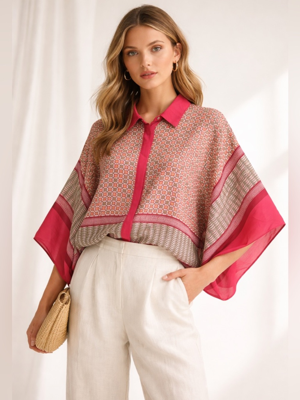 Carlisle Collection Silk Kimono Sleeve Geometric Print Blouse Top Womens Size 16